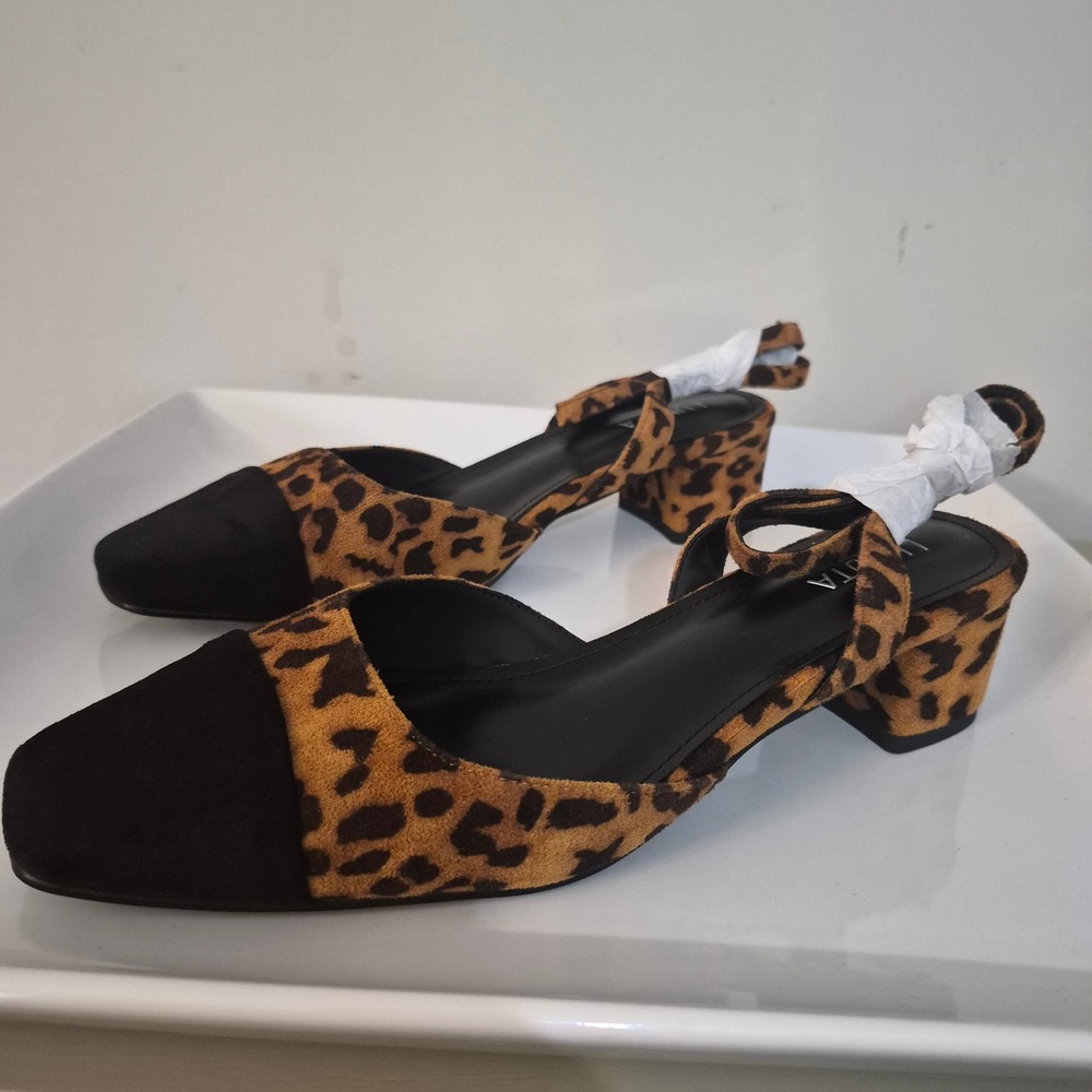 Lumuta Womens Leopard Print Slingback Block Heel Pumps Black Cap Toe Shoes